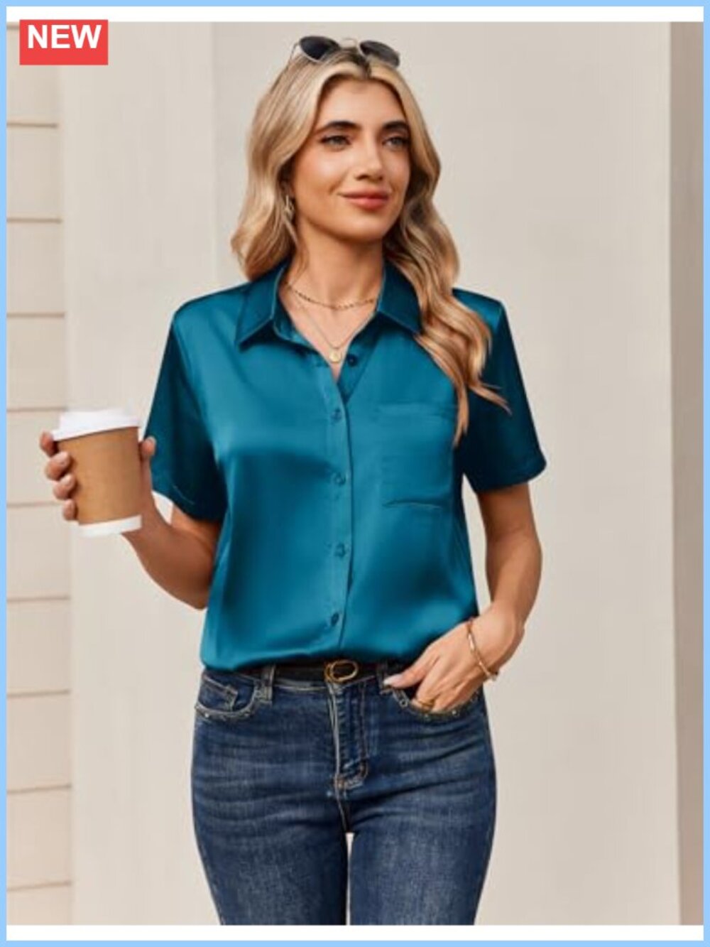 Satin Silk Button Down Short Sleeve Blouse Top for Women - Picture 5 of 6